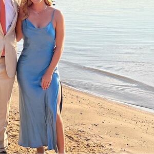 Ocean Blue Satin Midi Dress